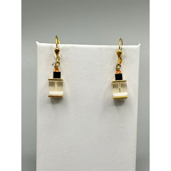 Vintage Gold Tone Art Glass Lever Back Earrings with Geometric Design - Picture 4 of 7
